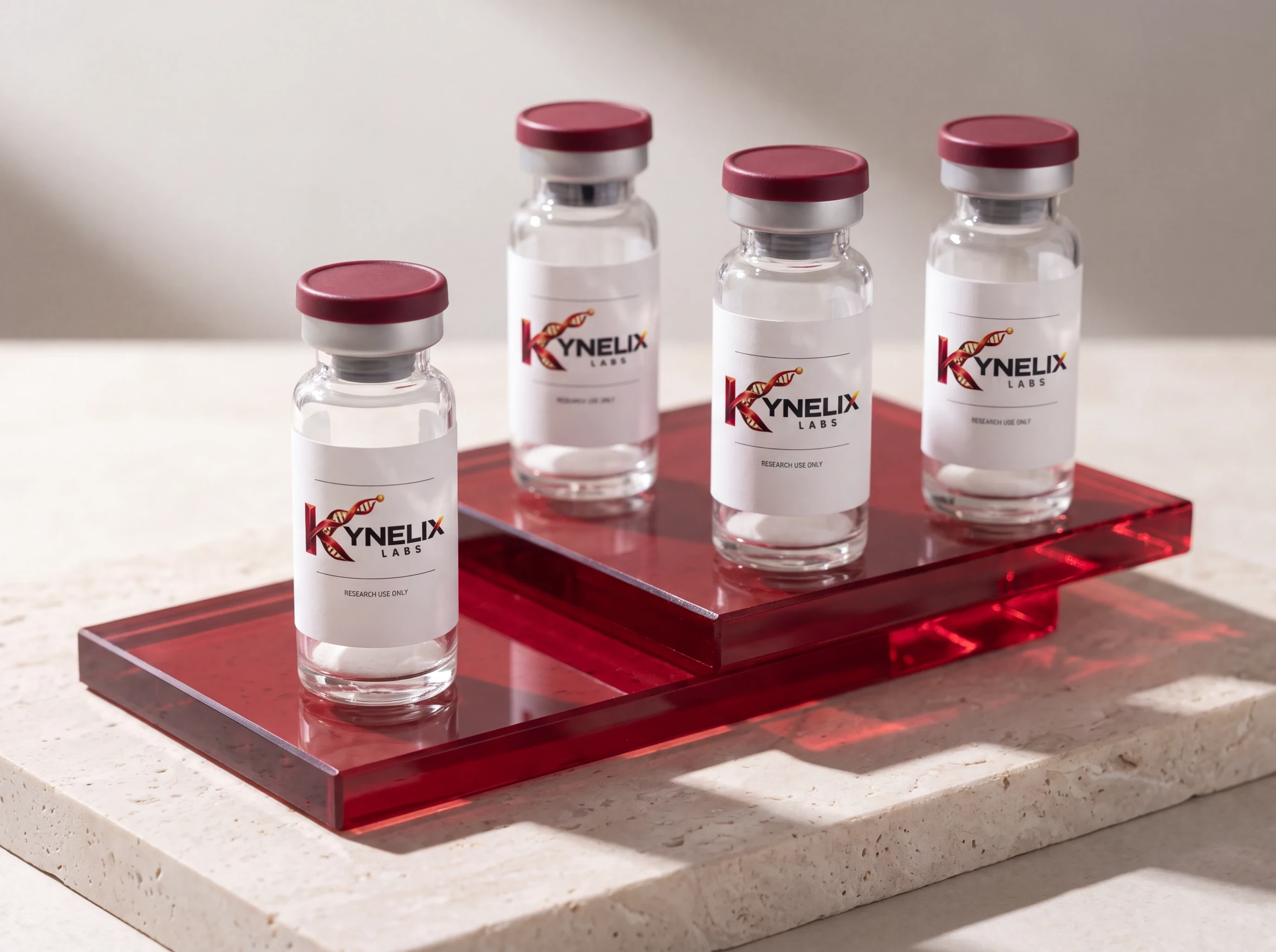Four Kynelix vials arranged on red glass platforms