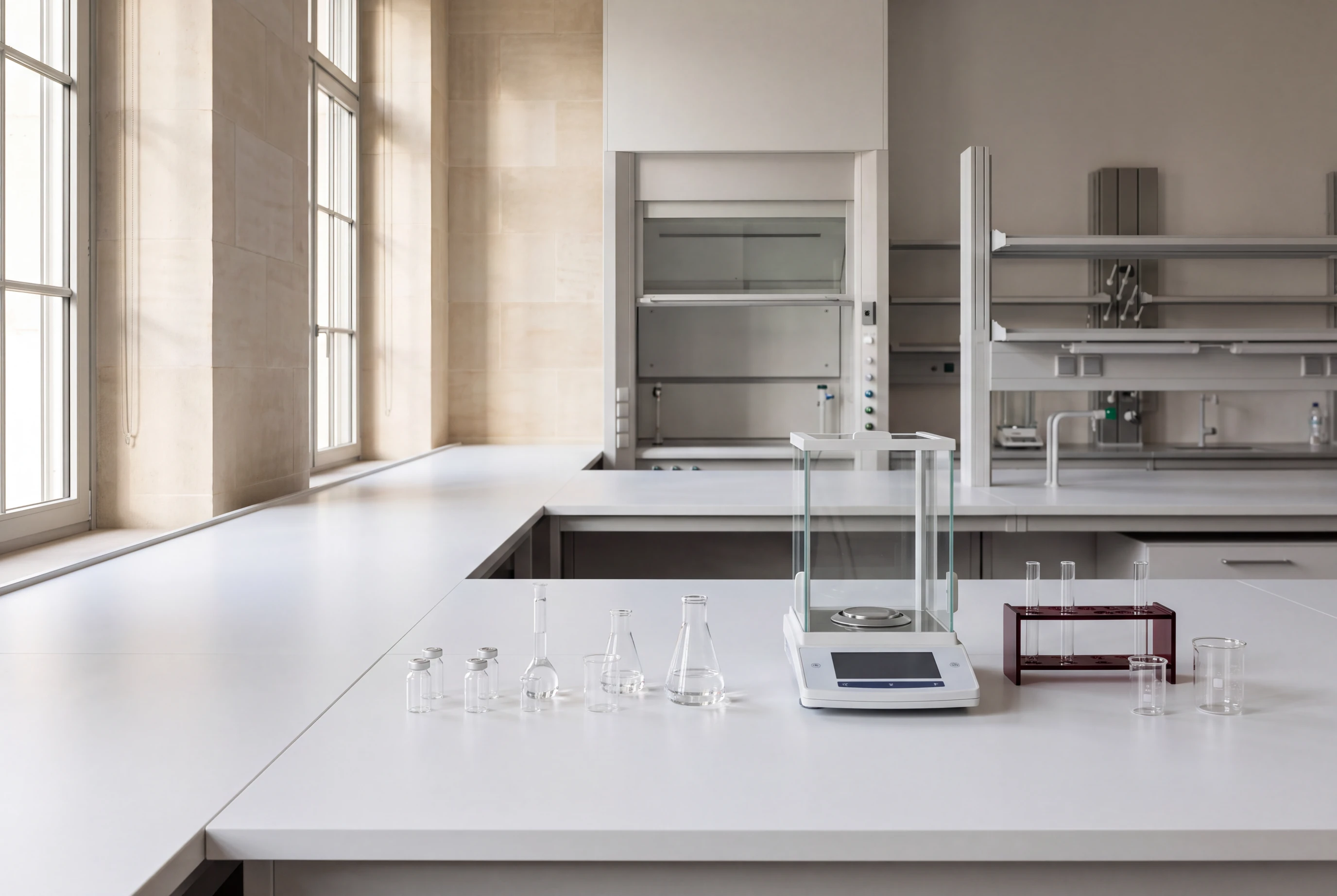 A sunlit laboratory workbench with analytical glassware and a precision balance